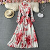 Gentle Style Shirt Collar Dress Women Fall Retro Ink Painting Print Temperament Slim Long Maxi Dress Full Sleeve Femme Robe M035