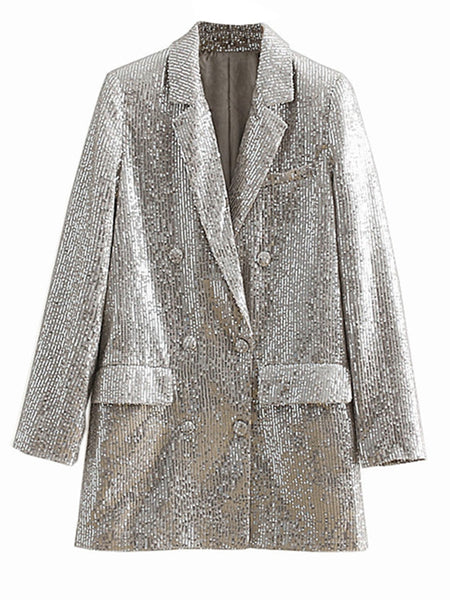 Geometric Pattern Sequined Blazer Feminino Shining Pockets Long Sleeve Outerwear Vintage Female Casual Tops Women's Clothing