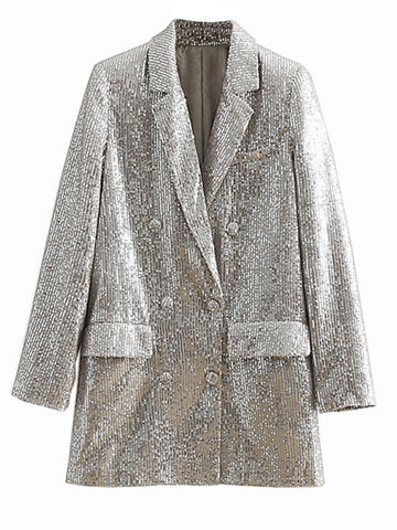 Geometric Pattern Sequined Blazer Feminino Shining Pockets Long Sleeve Outerwear Vintage Female Casual Tops Women's Clothing