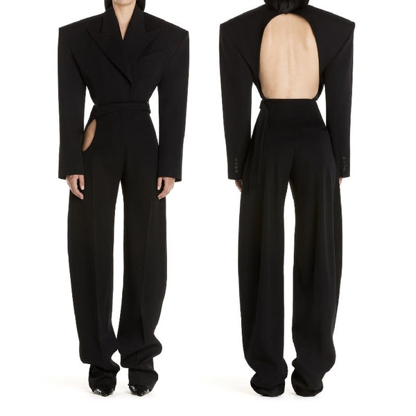 GetSpring Women Blazer Backless Long Sleeve Ladies Black Suit Coat One Piece Sexy Women's Slim Suit Jacket Irregular Coat 2023