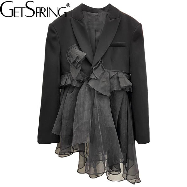 GetSpring Women Blazer Black Mesh Stitched Ladies Black Suit Coat Temperament Irregular Female Short Jacket Tops 2023