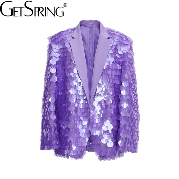 GetSpring Women Blazer Sequined Suit Blazer Long Sleeve Ladies Violet Blazer Coat Women's Long Suit Jacket Autumn 2023