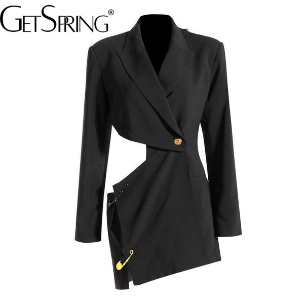 GetSpring Women Blazer Single Button Backless Asymmetric Black Ladies Suit Coat Irregular Sexy Long Women's Suit Jacket 2023 New