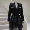 GetSpring Women Blazer Skirt Set Diamond Short Black Ladies Suit Coat With Irregular Mesh Long Skirts Two Piece Sets Autumn 2022