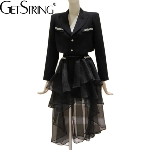 GetSpring Women Blazer Skirt Set Diamond Short Black Ladies Suit Coat With Irregular Mesh Long Skirts Two Piece Sets Autumn 2023
