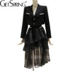 GetSpring Women Blazer Skirt Set Diamond Short Black Ladies Suit Coat With Irregular Mesh Long Skirts Two Piece Sets Autumn 2023