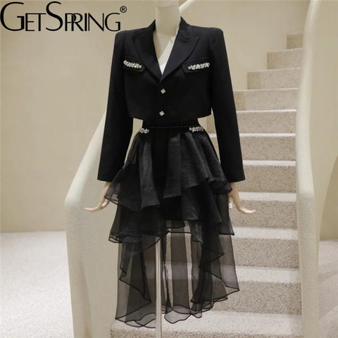 GetSpring Women Blazer Skirt Set Diamond Short Black Ladies Suit Coat With Irregular Mesh Long Skirts Two Piece Sets Autumn 2022