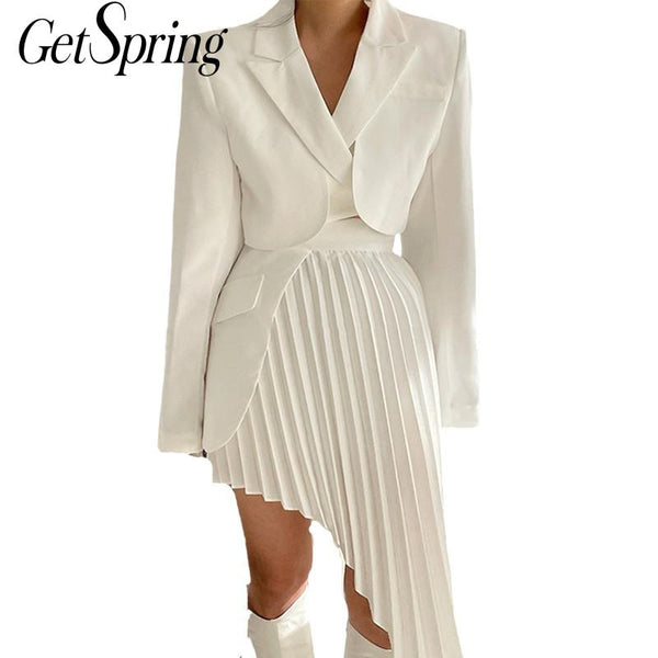 GetSpring Women Blazer Skirt Set Short Suit Coat High Waist Irregular Pleated Skirt Two Piece Sets White Skirt Suit 2022