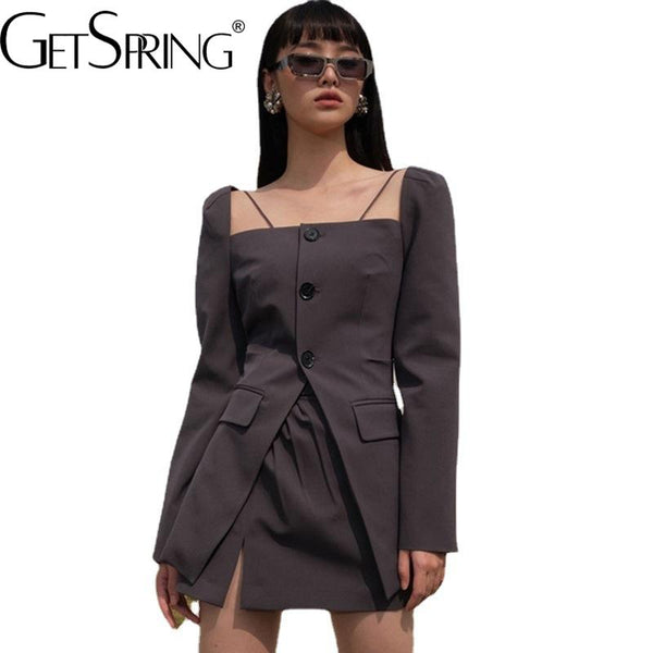 GetSpring Women Blazer Skirt Suits 2023 Early Autumn Square Collar Single Breasted Suit Coat High Waist Skirt Two Piece Sets New