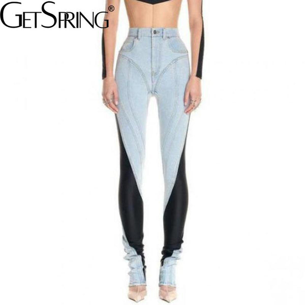 GetSpring Women Jeans leggings Vintage Patchwork High Waist Denim Pencil Pants Color Matching Long Female Trousers Autumn 2022