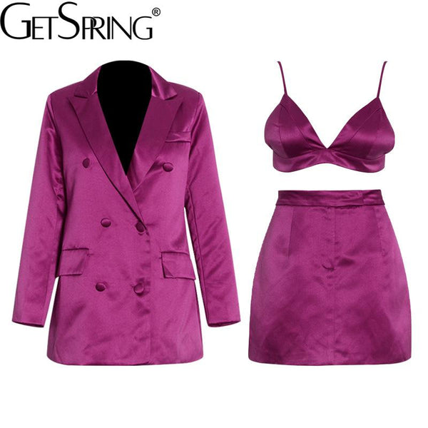 GetSpring Women Skirt Suit Temperament Three Piece Women Skirt Suits Double Breasted Woman Blazer Camis And Mini Skirt 3Pieces