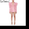 Getspring Women Blazer Puff Sleeve V-neck Pink Retro Long Blazers And Jackets Plus Size Sexy Split Suit Coats Spring/Autumn Top