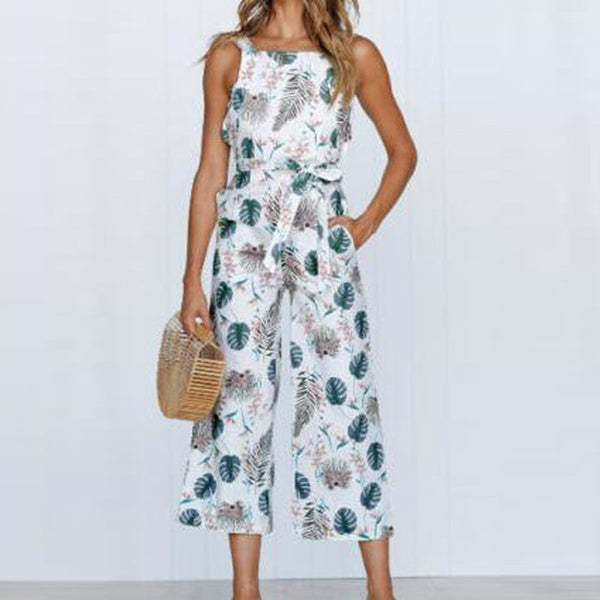 Girl Boho Summer Jumpsuits Women Sunflower Printed Jumpsuit Overalls Sleeveless Long Playsuits Beach Casual Romper Pocket GV429