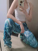 Girl Distressed Jeans Egirl Harajuku Wide Leg Skater Pants Trousers Tie Dye Green Pants Y2K Abstract Printed Ruched Sweatpants