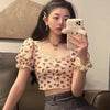 Girls Crop Top For Women Short Sleeve Lace Flower Print Lady Button Summer Tees Street Wear O Neck Casual T-Shirt Tight Fit Tops