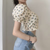 Girls Crop Top For Women Short Sleeve Lace Flower Print Lady Button Summer Tees Street Wear O Neck Casual T-Shirt Tight Fit Tops