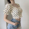 Girls Crop Top For Women Short Sleeve Lace Flower Print Lady Button Summer Tees Street Wear O Neck Casual T-Shirt Tight Fit Tops