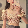 Girls Crop Top For Women Short Sleeve Lace Flower Print Lady Button Summer Tees Street Wear O Neck Casual T-Shirt Tight Fit Tops