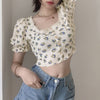 Girls Crop Top For Women Short Sleeve Lace Flower Print Lady Button Summer Tees Street Wear O Neck Casual T-Shirt Tight Fit Tops
