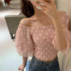 Girls Flower Mesh Blouses Shirts Tees Female Slash Neck Half Lantern Sleeve Fairy Blouses Tops For Women DX129