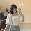 Girls Flower Mesh Blouses Shirts Tees Female Slash Neck Half Lantern Sleeve Fairy Blouses Tops For Women DX129