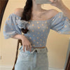 Girls Flower Mesh Blouses Shirts Tees Female Slash Neck Half Lantern Sleeve Fairy Blouses Tops For Women DX129