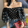 Girls Flower Mesh Blouses Shirts Tees Female Slash Neck Half Lantern Sleeve Fairy Blouses Tops For Women DX129