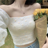 Girls Flower Mesh Blouses Shirts Tees Female Slash Neck Half Lantern Sleeve Fairy Blouses Tops For Women DX129