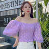 Girls Flower Mesh Blouses Shirts Tees Female Slash Neck Half Lantern Sleeve Fairy Blouses Tops For Women DX129