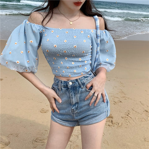 Girls Flower Mesh Blouses Shirts Tees Female Slash Neck Half Lantern Sleeve Fairy Blouses Tops For Women DX129