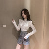 Girls Hollow Out Lace Blouses Shirts Tees FemaleTurtleneck Basic Elegant Slim Elastic Full Sleeve Black Blouses Tops For Women