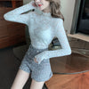 Girls Hollow Out Lace Blouses Shirts Tees FemaleTurtleneck Basic Elegant Slim Elastic Full Sleeve Black Blouses Tops For Women