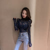 Girls Hollow Out Lace Blouses Shirts Tees FemaleTurtleneck Basic Elegant Slim Elastic Full Sleeve Black Blouses Tops For Women