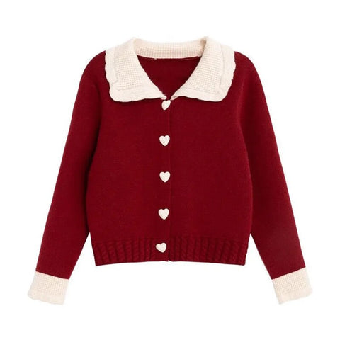Girls Kawaii Cardigan Sweater Korean Peter Pan Collar Heart Button Long Sleeves Knitted Sweater Cute Loose Women Top 90s