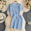 Girly sweet age-reducing knit sweater, short round neck short-sleeved top, two-piece suit, high waist bag hip skirt, short skirt