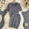 Girly sweet age-reducing knit sweater, short round neck short-sleeved top, two-piece suit, high waist bag hip skirt, short skirt