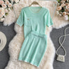 Girly sweet age-reducing knit sweater, short round neck short-sleeved top, two-piece suit, high waist bag hip skirt, short skirt