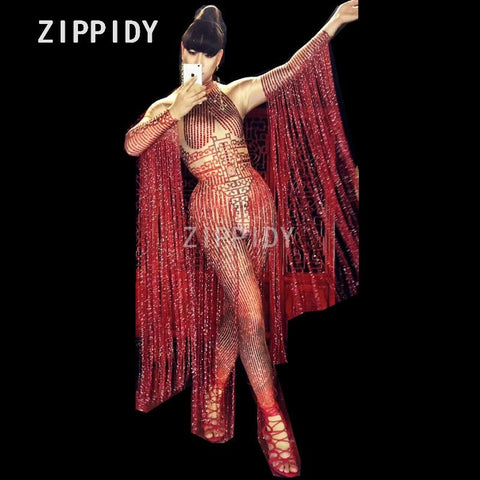 Glisten Crystals Red Jumpsuit Sexy Long Tassel Women Outfit Nightclub Female Singer Costume Stage Dance DS Performance Clothing