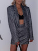 Glitter Blazer Dress Set Long Sleeve Cropped Blazer Bling Mini Skirt Suits Party Club Outfits Streetwear Black Two Piece Set