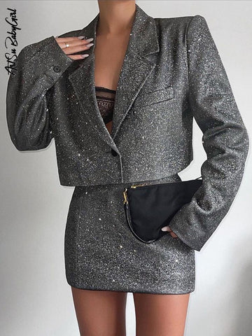 Glitter Blazer Dress Set Long Sleeve Cropped Blazer Bling Mini Skirt Suits Party Club Outfits Streetwear Black Two Piece Set