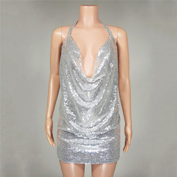Glitter Sequin Ladies Sexy Deep V Neck Party Dress Club Wear Spaghetti Strap Womens Backless Mini Dress Off Shoulder Robes Femme