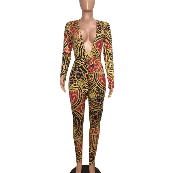Gold Pattern Printed Bodycon Jumpsuit for Women Autumn Deep V Neck Sexy Overalls Long Pants Rompers Womens Jumpsuit Catsuit