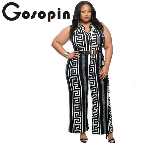 Brand New Wide Leg Jumpsuit Overalls Fashion Plus Size Black Print Gold Belted Jumpsuit LC64021 Long Trousers