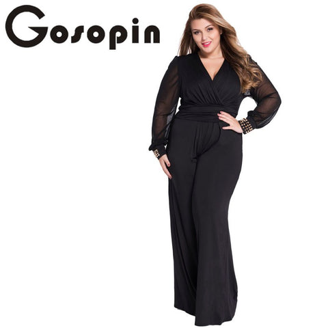 Hot Selling Woman Wide Leg Elegant jumpsuits Black Embellished Cuffs Long Mesh Sleeves Jumpsuit LC6650 Combinaison Femme