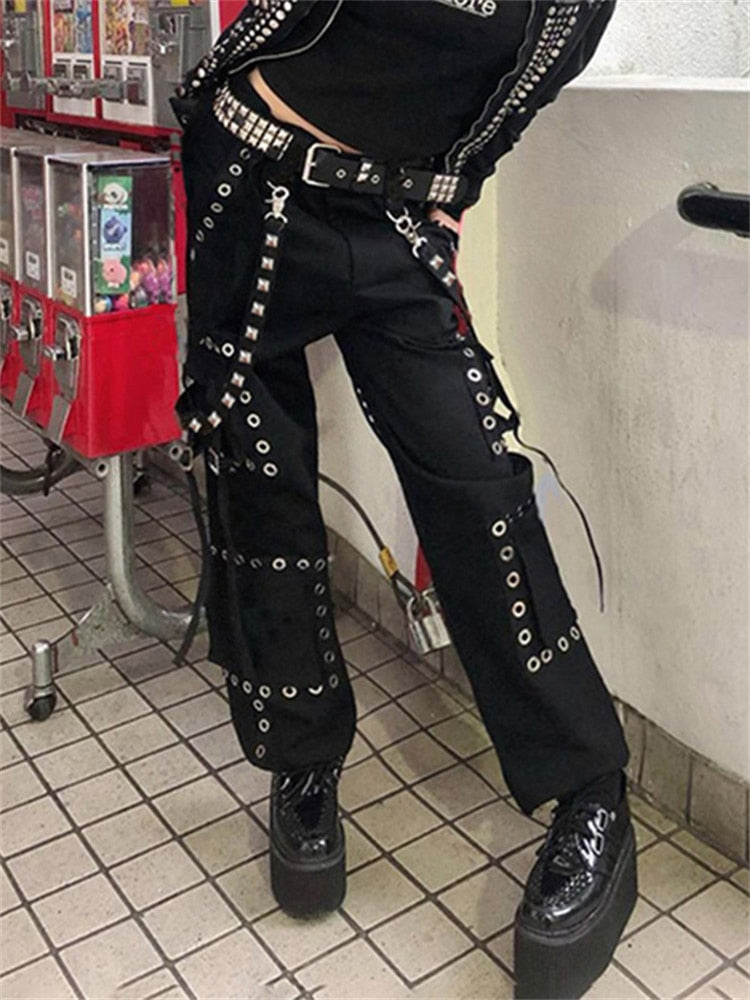 パンツ Aero lether pant riders y2k uk punk Don't Cross My Path Gothic Y2K Wide-Leg Trousers - Punk Rave