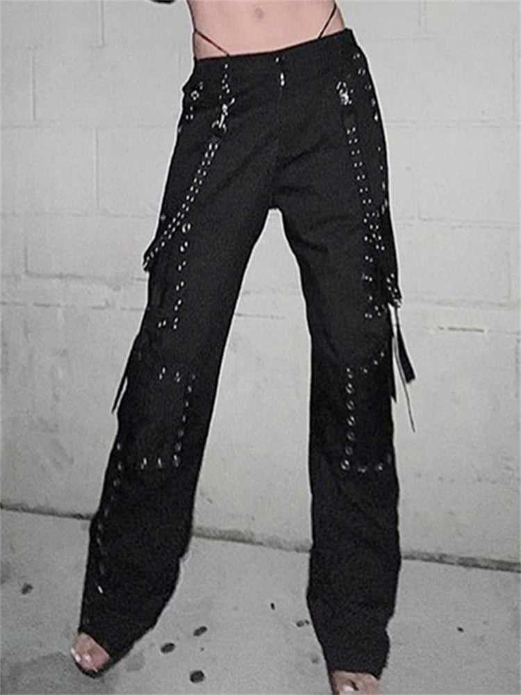 Goth Black Chains Cargo Y2k Pants Punk Women Egirl High Waist Emo Bagg