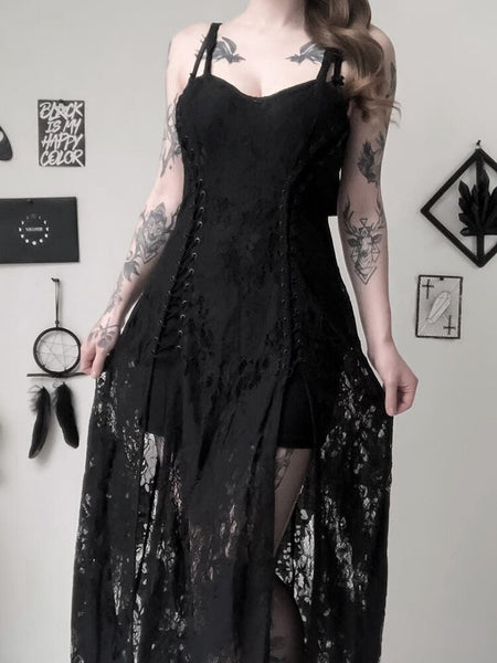 Goth Camisole Solid Black Dresses Egirl High Split Mall Gothic Lace Dress Women Aesthetic Sexy Partywear Femme Sling Robe
