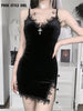 Goth Cross Print Slim Camisole Dress Women Split Gothic Style Sexy Dresses V-neck Fairy Grunge Clubwear Femme Egirl Slit Robe