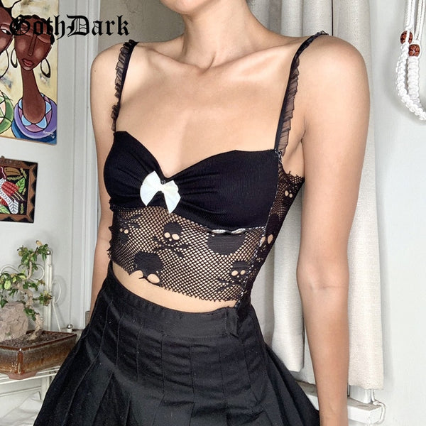 Goth Dark Gothic Skull Graphic Embroidery Black Camis Sexy Mesh Patchwork Transparant Bodycon Crop Top Women Sleeveless Clubwear