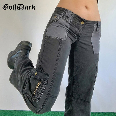 Goth Dark Low Raise Grunge Women Jeans Gothic Pockets Patchwork Vintage Cargo Pants Punk Black 90s Streetwear Trousers